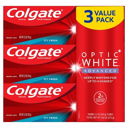 Colgate Optic White Advanced Teeth Whitening Toothpaste, Icy Fresh, 3.2 Ounce (Pack of 3)