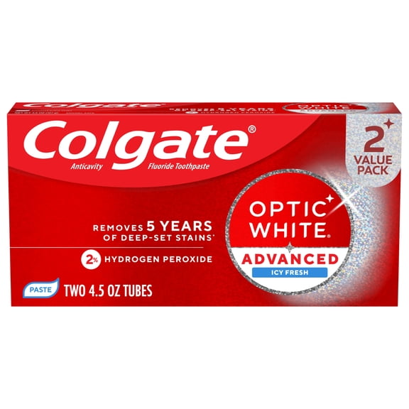 Colgate Optic White Advanced Icy Fresh Toothpaste with 2% Hydrogen Peroxide, Mint, 2 Pack, 4.5 OZ