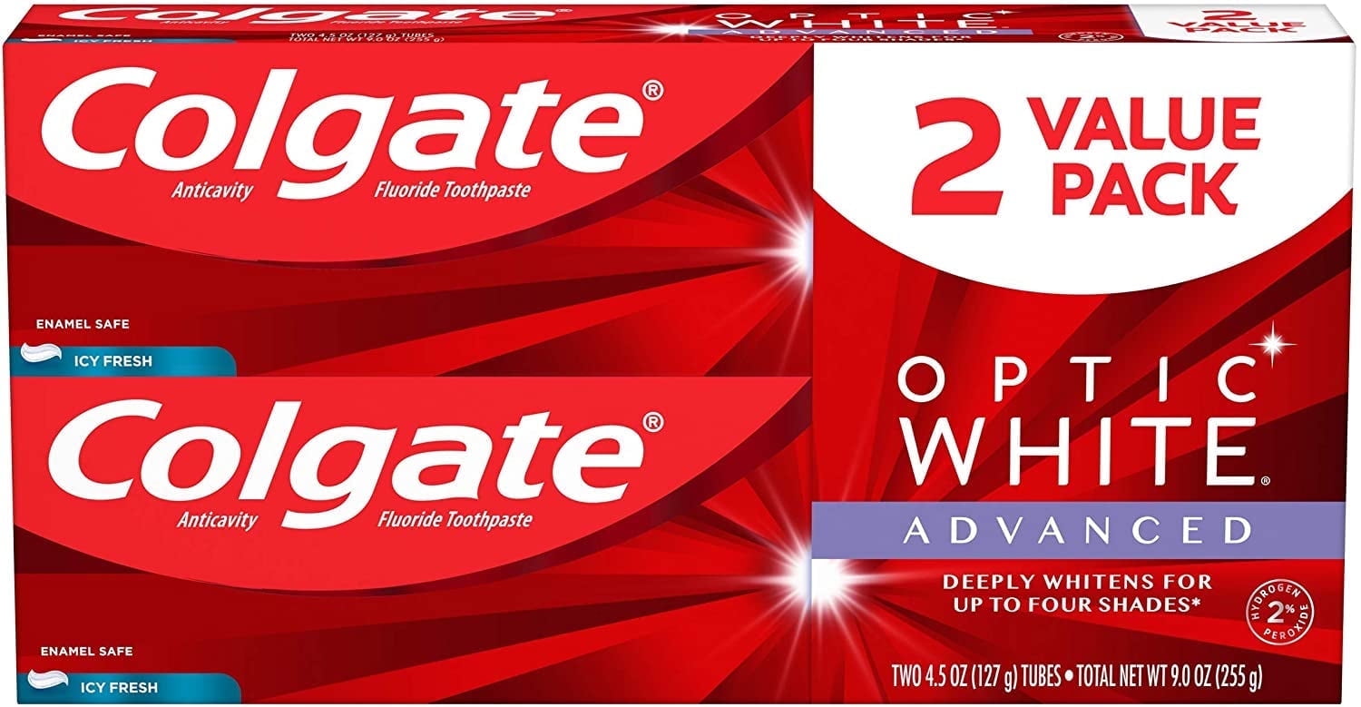 Colgate Optic White Advanced Teeth Whitening Toothpaste with Fluoride, 2% Hydrogen Peroxide, Icy Fresh - 4.5 ounce (2 Pack)
