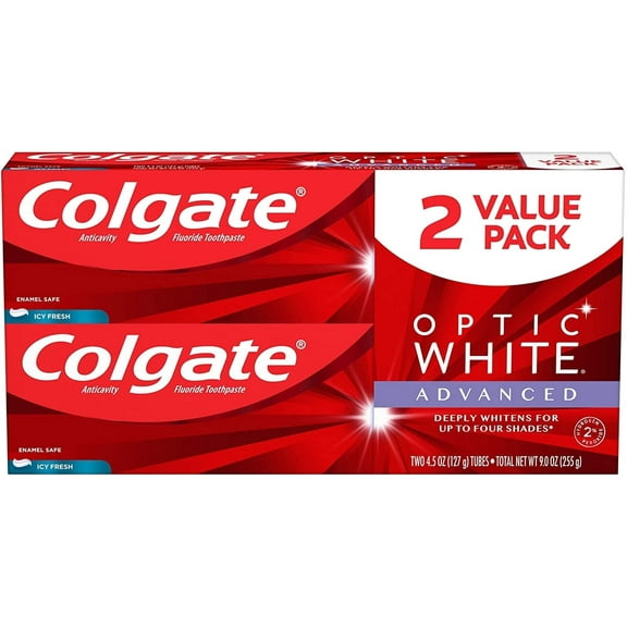 Colgate Optic White Advanced Teeth Whitening Toothpaste with Fluoride, 2% Hydrogen Peroxide, Icy Fresh - 4.5 ounce (2 Pack)