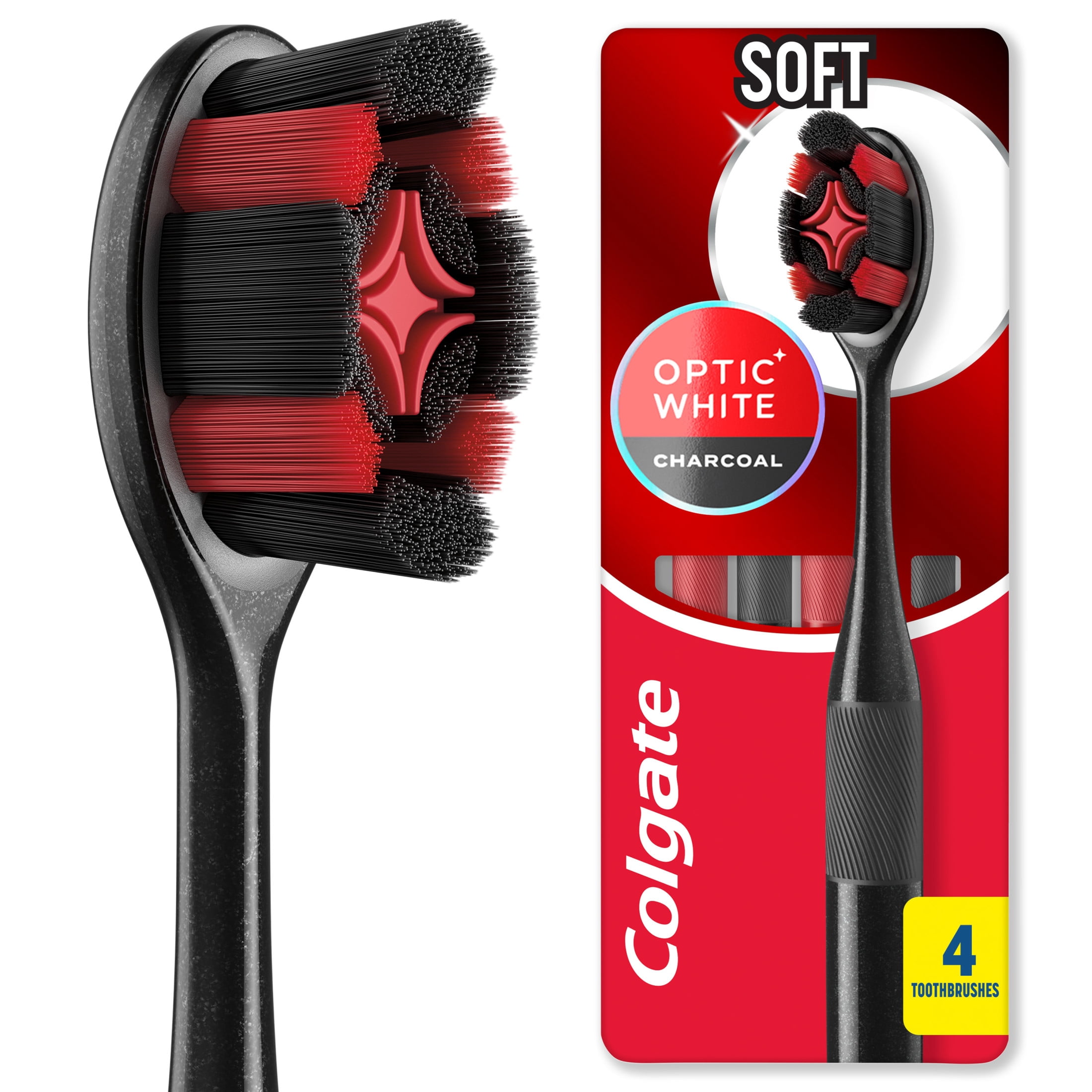 Colgate Optic White Charcoal Soft Toothbrush for Adults, 4 Pack