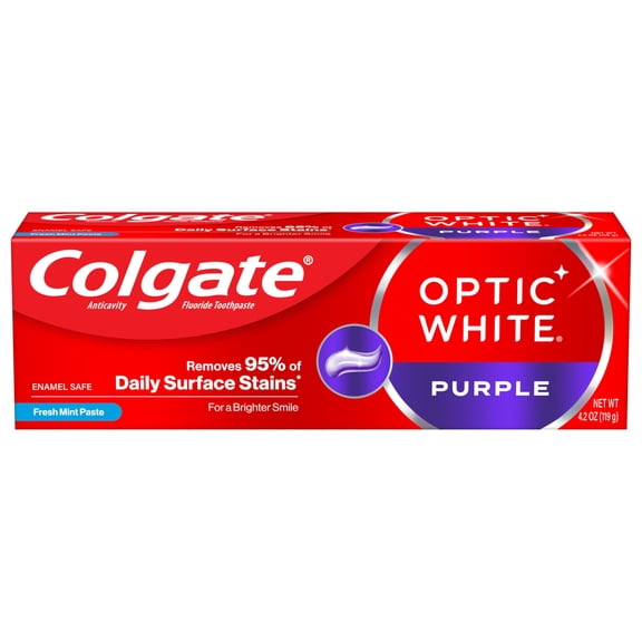 Colgate Optic White Purple Toothpaste for Teeth Whitening, Teeth Whitening Toothpaste with Fluoride, Helps Remove Surface Stains and Polishes Teeth, Enamel-Safe for Daily Use, Mint Paste, 4.2 oz C35