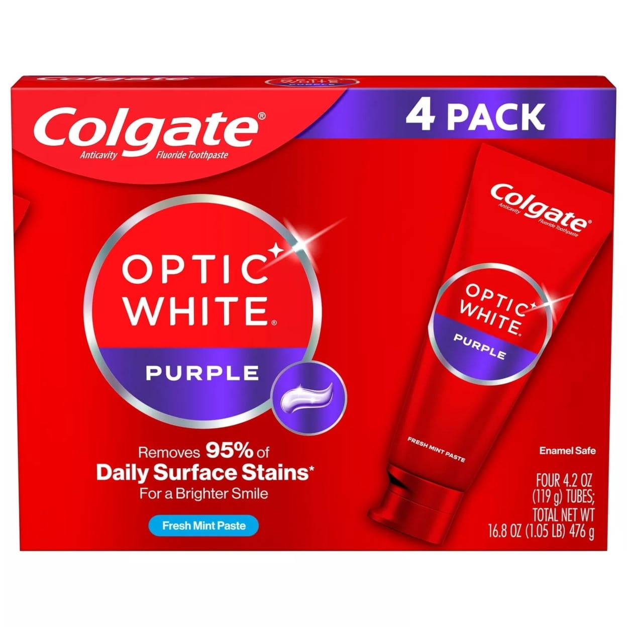 Colgate Optic White Purple Deep Clean Mint Fresh Toothpaste, Teeth Whitening, 4.2 Ounce (Pack of