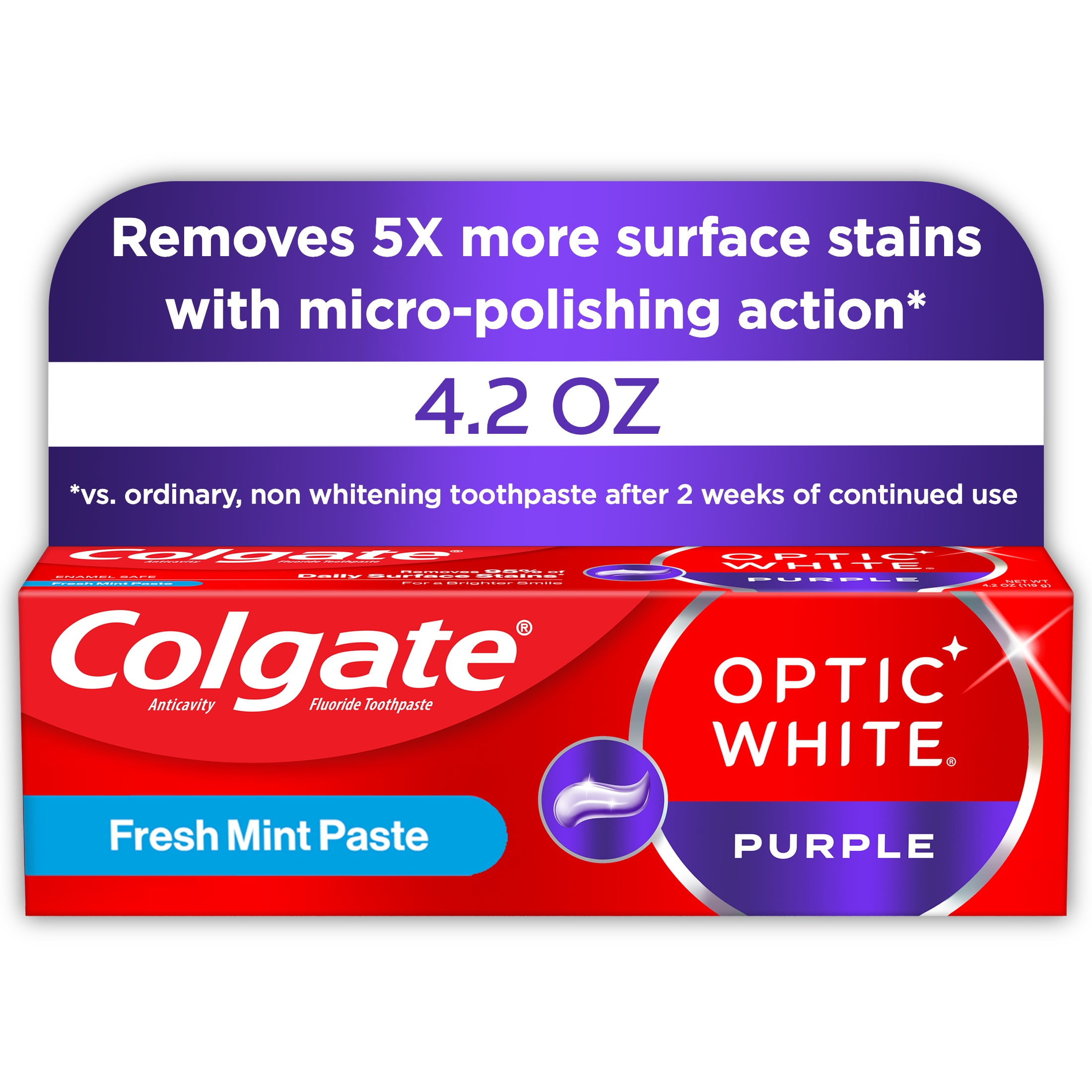 Colgate Optic White Purple Whitening Toothpaste, Mint Paste, 4.2 oz Tube