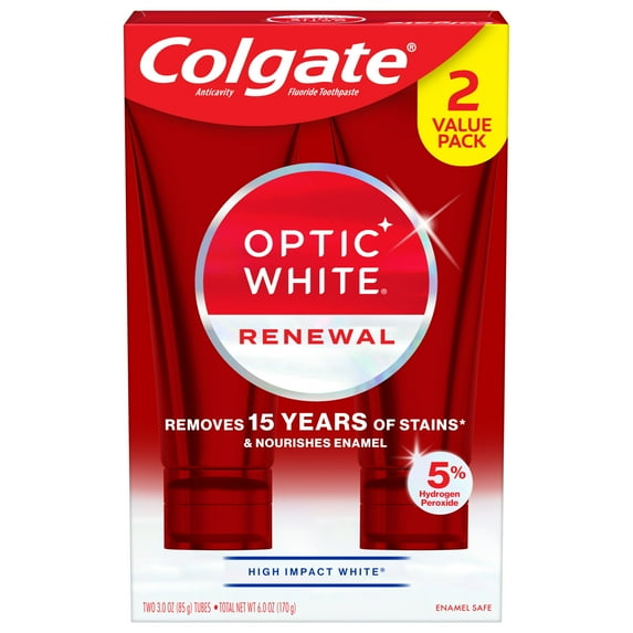 Colgate Optic White Renewal Teeth Whitening Toothpaste, Mint, 3 oz, 2 Pack