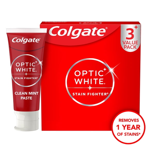Colgate Optic White Stain Fighter Whitening Toothpaste with Fluoride, Mint, 3 Pack, 3.8 OZ