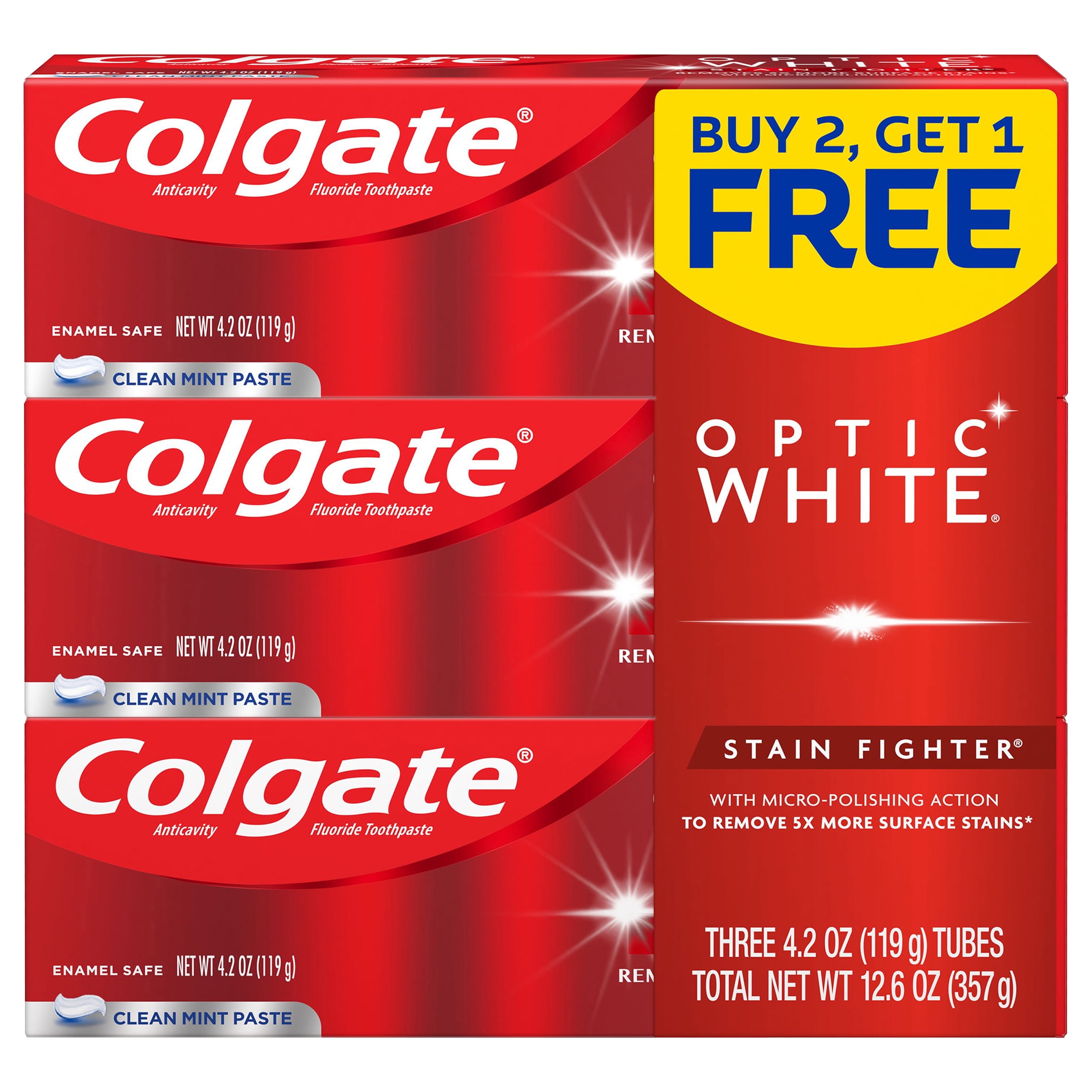 Colgate Optic White Stain Fighter, Clean Mint Toothpaste, 4.2oz, 3 Pack ...