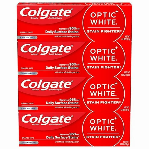 Colgate Optic White Stain Fighter Teeth Whitening Toothpaste, Anticavity Fluoride Toothpaste for Whitening Teeth, Helps Remove Daily Surface Stains, Clean Mint Paste, 4 Pack, 4.2 oz