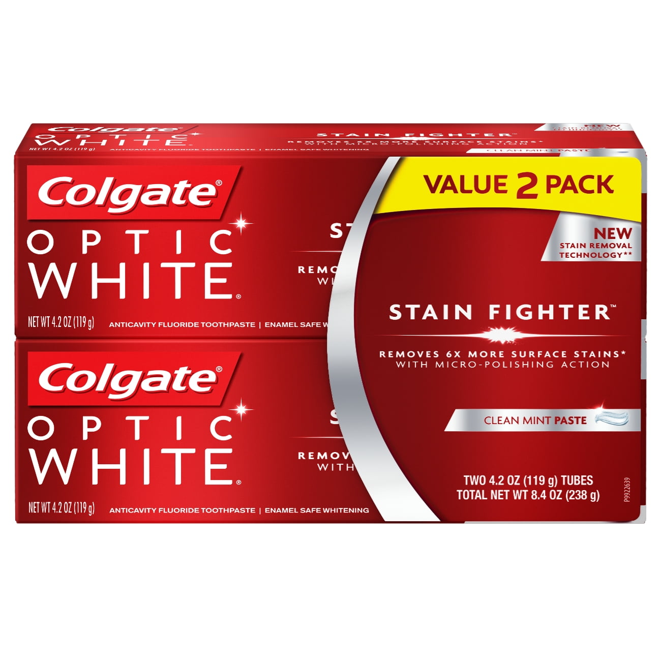 Colgate Optic White Stain Fighter Clean Mint Toothpaste, 8.2 Ounce (Pack of 2)