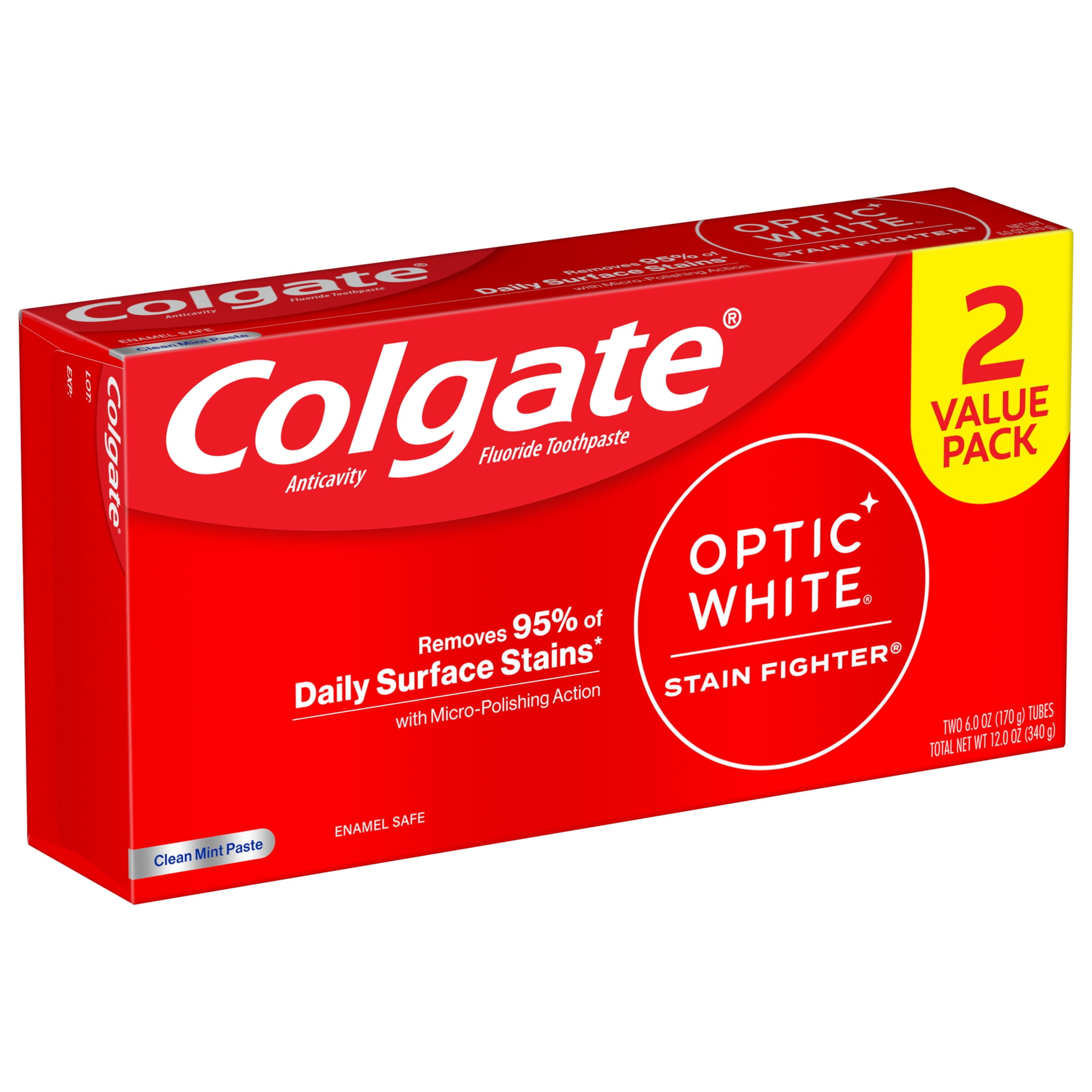 Colgate Optic White Stain Fighter Teeth Whitening Toothpaste Pack, Clean Mint Paste, 2 Pack, 6.0 oz