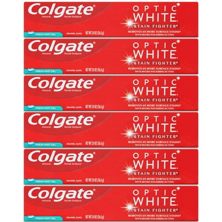 Colgate Optic White Teeth Whitening Toothpaste, Stain Fighter, Fresh Mint Gel, Travel Size (2 oz) - Pack of 6