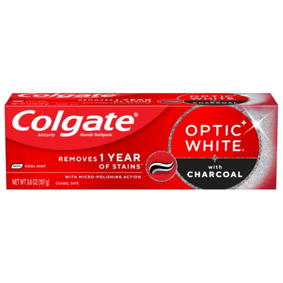 Colgate Optic White with Charcoal Teeth Whitening Toothpaste, Anticavity Toothpaste with Fluoride, Cool Mint Flavor, 3.8 OZ