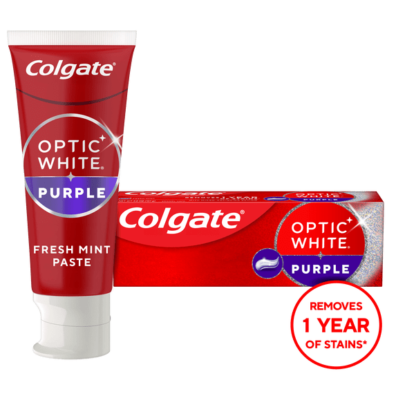 Colgate Optic White Purple Teeth Whitening Toothpaste with Fluoride, Fresh Mint Flavor, 3.8 oz