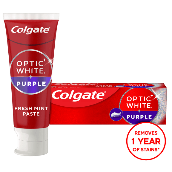 Colgate Optic White Purple Teeth Whitening Toothpaste with Fluoride, Fresh Mint Flavor, 3.8 oz