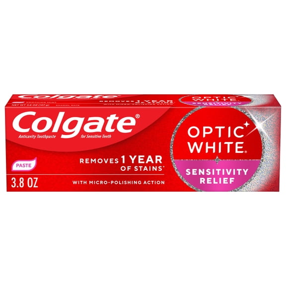 Colgate Optic White Sensitivity Relief Teeth Whitening Toothpaste, with Fluoride, Mint, 3.8 OZ