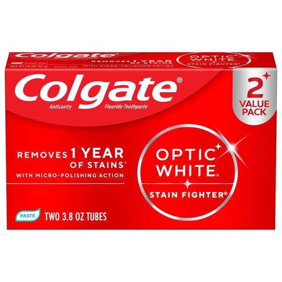 Colgate Optic White Stain Fighter Clean Mint Paste Teeth Whitening Anticavity Toothpaste, 2 Pack, 3.8 OZ