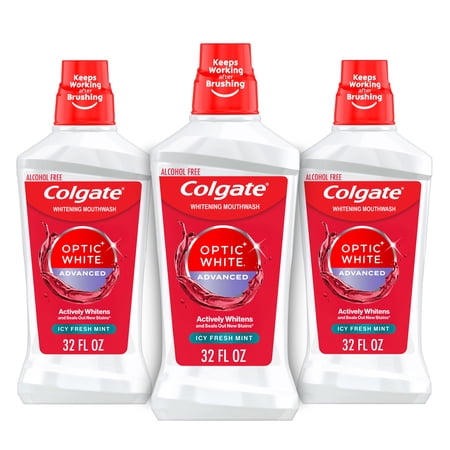 Colgate Optic White Advanced Whitening Mouthwash with Icy Fresh Mint Flavor and 2% Hydrogen Peroxide, 3 Pack, 32 OZ