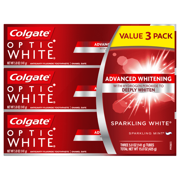 Colgate Optic White Whitening Toothpaste, Sparkling White - 5 Ounce (3 Pack)