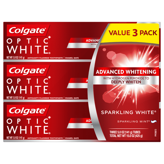 Colgate Optic White Whitening Toothpaste, Sparkling White - 5 Ounce (3 Pack)