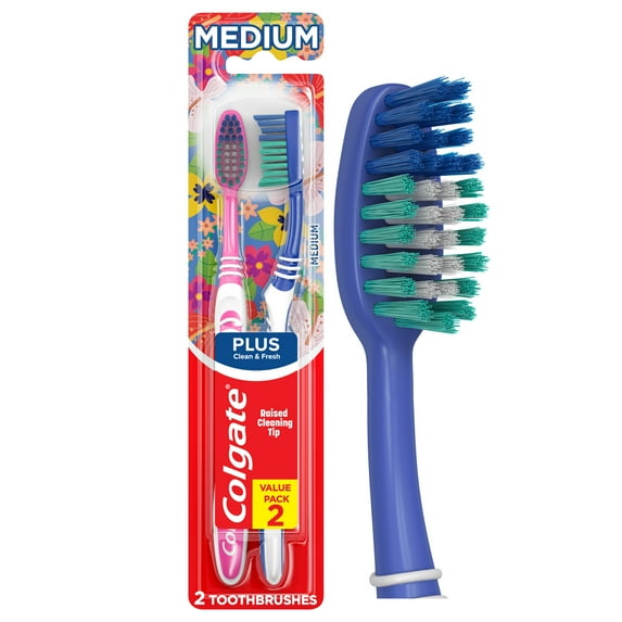 Colgate Plus Full Head Adult Manual Toothbrush, Medium, 2 Pack