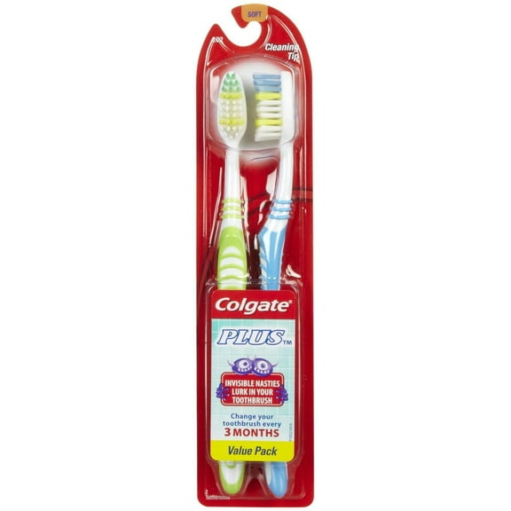 Pack of 2 - Colgate Plus Toothbrush, Full Head, Soft - 2 Ct - 2 Pk Packaging May Vary
