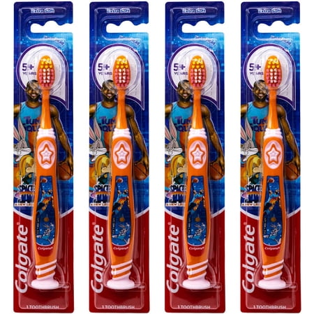 Colgate Space Jam Kids Toothbrush with Suction Cup, 5+ Years, Extra Soft (Colors Vary) - Pack of 4