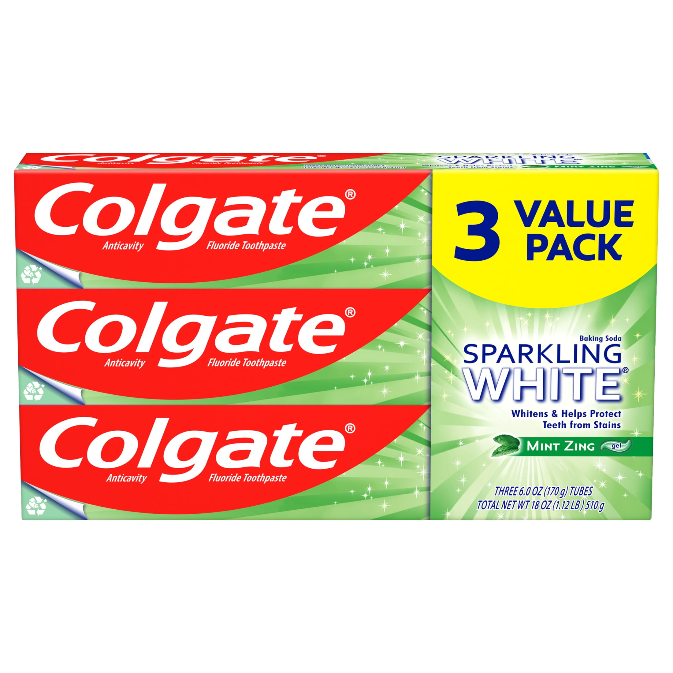 Colgate Sparkling White Whitening Toothpaste, Mint Zing - 6.0 Ounce (Pack of 3)