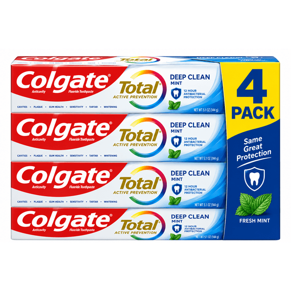 Colgate Total Active Prevention Fluoride Toothpaste, Deep Clean, Mint, 5.1 oz, 4 Pack