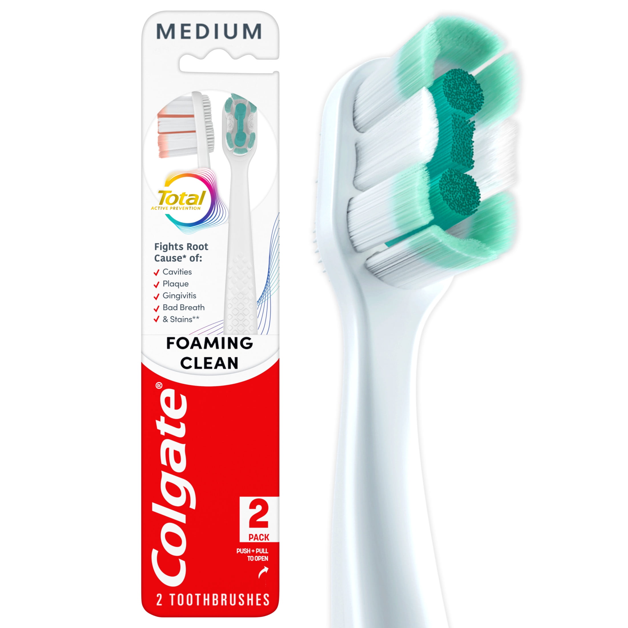 Colgate Total Active Prevention Foaming Clean Medium Toothbrush, White, 2 Pack