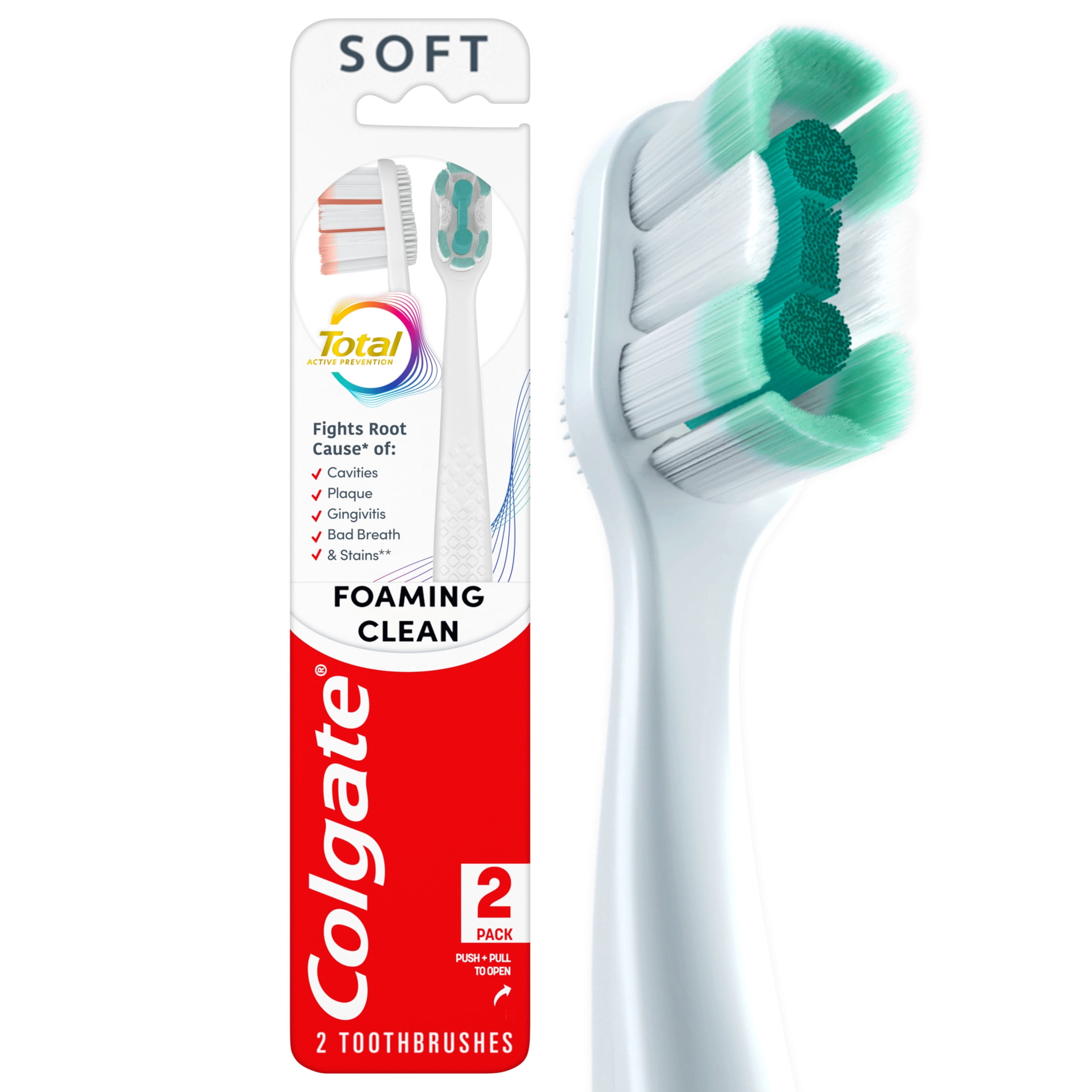 Colgate Total Active Prevention Foaming Clean Soft Toothbrush, White, 2 Pack