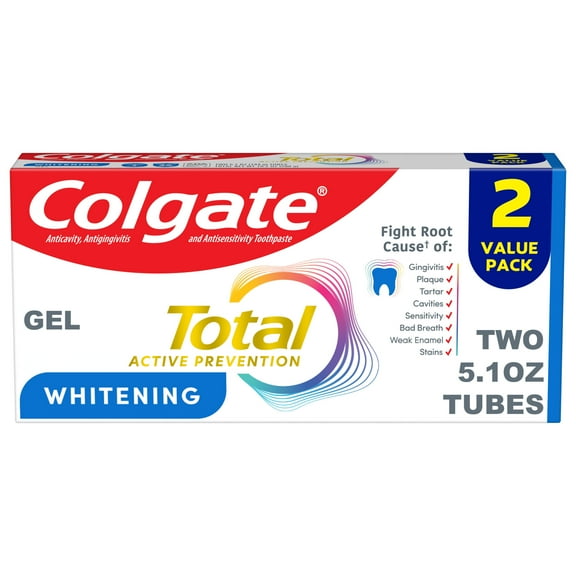 Colgate Total Active Prevention Whitening Gel Toothpaste, Mint, 2 Pack, 5.1 oz
