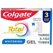 Colgate Total Active Prevention Whitening Gel Toothpaste, Mint, 3 Pack, 5.1 oz