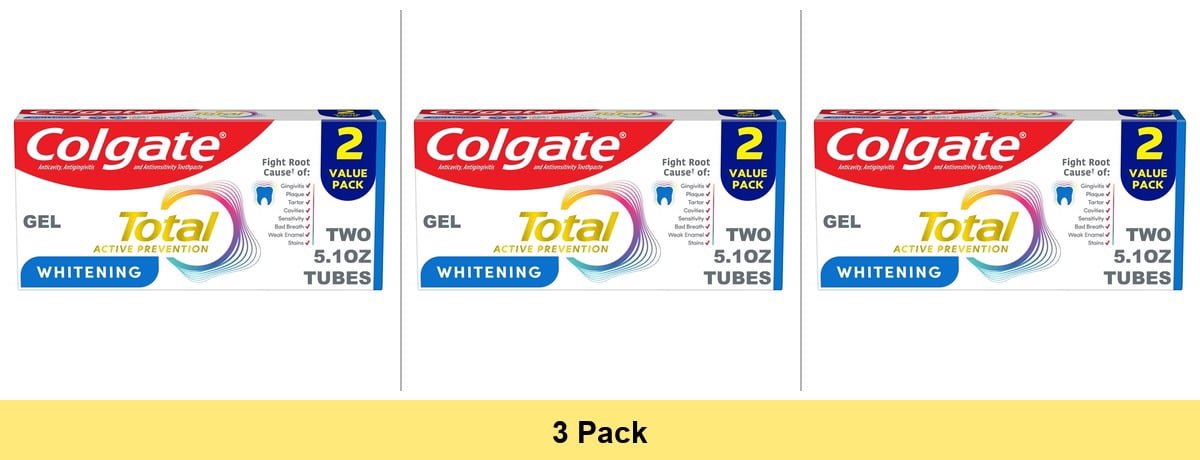 Colgate Total Active Prevention Whitening Gel Toothpaste, Mint, 5.1 oz - 3 Pack