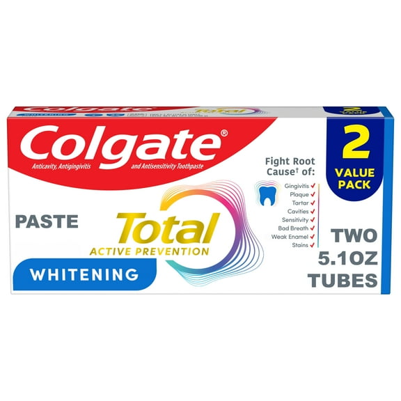 Colgate Total Active Prevention Whitening Toothpaste, Mint, 2 Pack, 5.1 oz