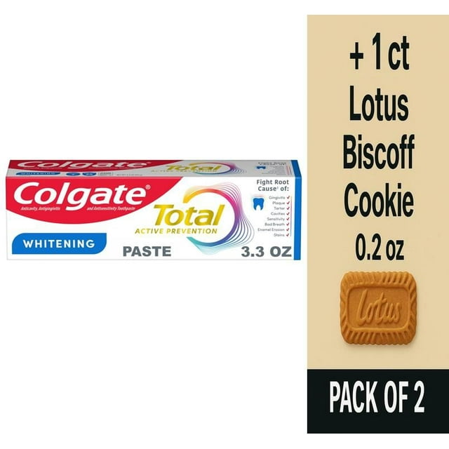 Colgate Total Active Prevention Whitening Toothpaste in Mint 3.3 oz - Pack of 2 & Lotus Biscoff Cookie - 0.2 Oz - 1 ct