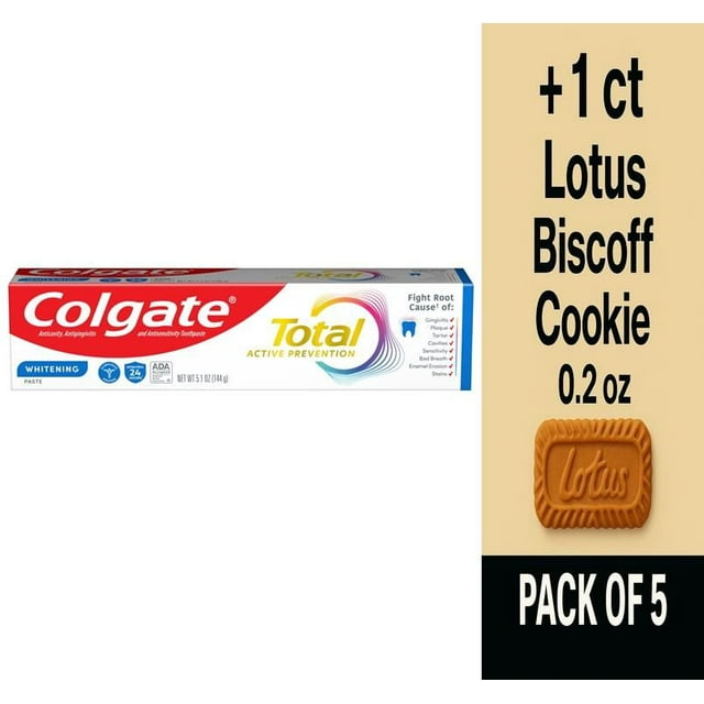 Colgate Total Active Prevention Whitening Toothpaste in Mint 5.1 oz - Pack of 5 & Lotus Biscoff Cookie - 0.2 Oz - 1 ct