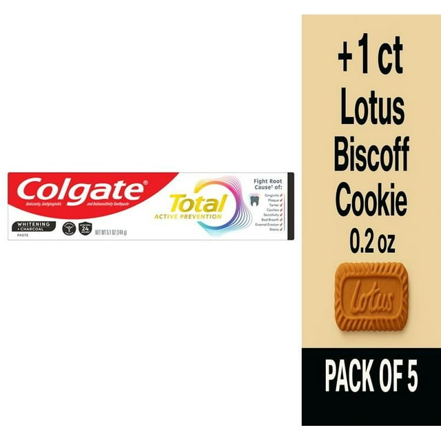 Colgate Total Active Prevention Whitening and Charcoal Toothpaste in Mint 5.1 oz - Pack of 5 & Lotus Biscoff Cookie - 0.2 Oz - 1 ct