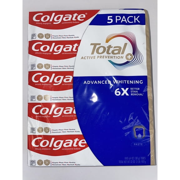 Colgate Total Advanced Whitening Toothpaste, 6.4 Oz, 5-Pack | Vegan | Gluten Free | Responsibly Made | Sugar Free