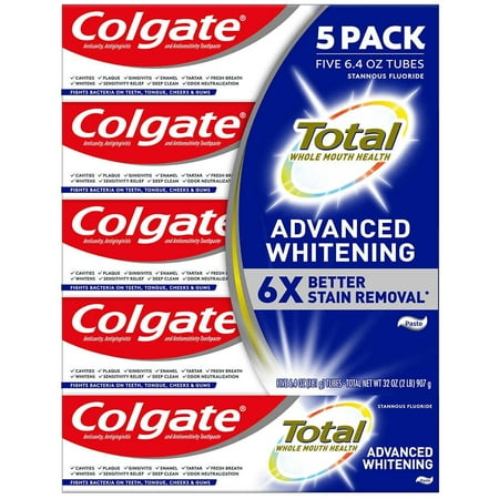 Colgate Total Advanced Whitening Toothpaste, 6.4 Oz, 5-Pack | Vegan | Gluten Free | Responsibly Made | Sugar Free