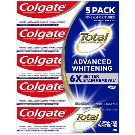 Colgate Total Advanced Whitening Toothpaste, Whole Mouth Health Protection, Stannous Fluoride, Fresh Mint, 6.4 Oz Tubes, 5 Pack
