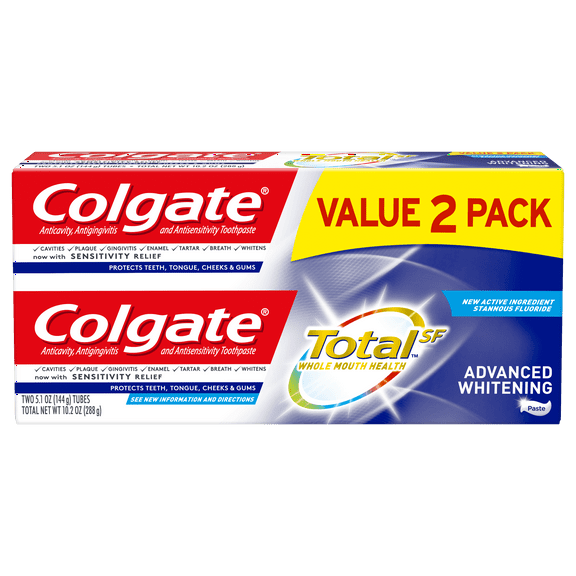 Colgate Total Advanced Whitening Toothpaste with Fluoride, Multi Benefits with Sensitivity Relief, 5.1 Oz, 2 Ct