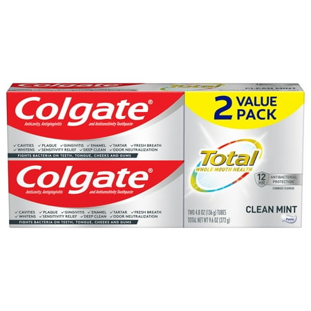 Colgate Total Clean Mint Toothpaste, Whitening Toothpaste, 2 Pack, 4.8 oz Tubes
