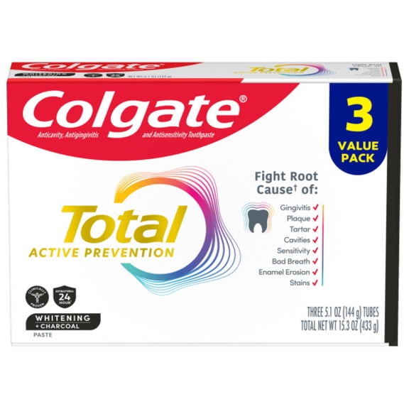 Colgate Total Active Prevention Whitening and Charcoal Toothpaste, Mint, 3 Pack, 5.1 oz