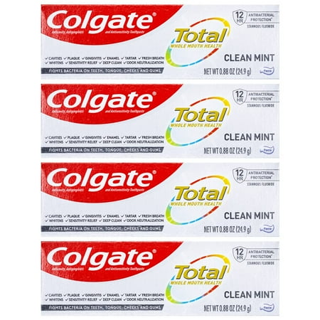 Colgate Total Toothpaste, Clean Mint, Travel Size 0.88 oz (24.9g) - Pack of 4