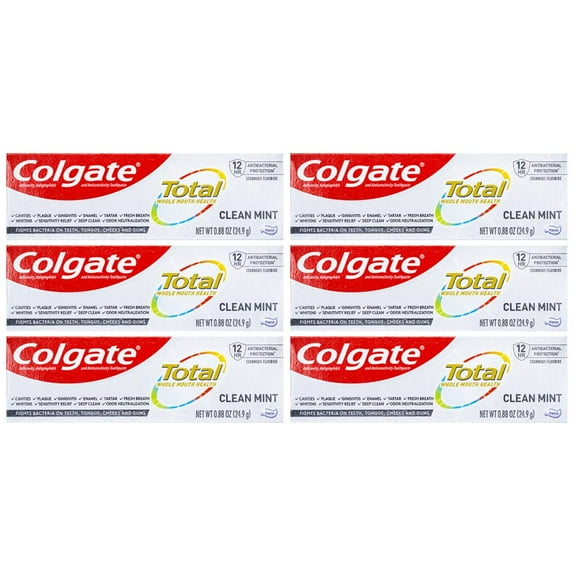 Colgate Total Toothpaste, Clean Mint, Travel Size 0.88 oz (24.9g) - Pack of 6