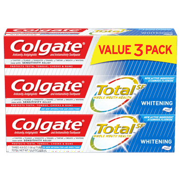 Colgate Total Whitening Toothpaste with Fluoride, Multi Benefit Toothpaste with Sensitivity Relief, 4.8 Oz, 3 Ct