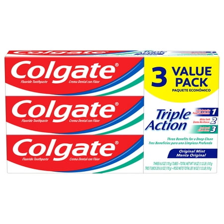 Colgate Triple Action Toothpaste, Original Mint, 3 Pack, 6 Oz Tubes