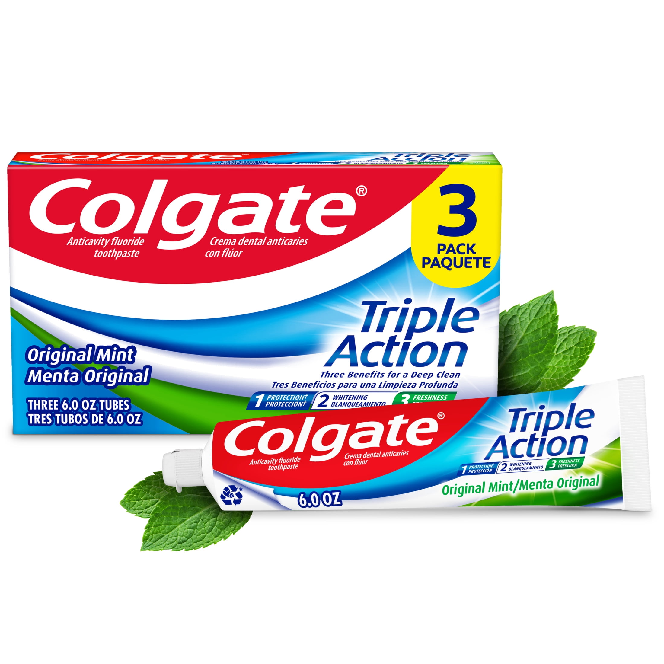 Colgate Triple Action Pasta de Dientes Menta Original, 6 oz, Paquete de 3