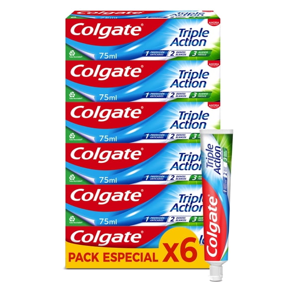 Colgate Triple Action Toothpaste, Pack of 6 x 75 ml, Fluoridated Toothpaste Anti-Caries, Helps Keep Teeth White, Freshens Breath, for the Whole Family