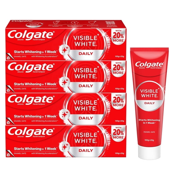 Colgate Visible White Teeth Whitening Toothpaste, Safe on Enamel, Stain Removal, Mint Flavor, 16.94 Oz, 4 Pack